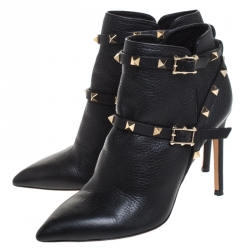 Pre Owned Valentino Black Leather Rockstud Pointed Toe Ankle Boots Size 37