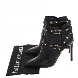 Pre Owned Valentino Black Leather Rockstud Pointed Toe Ankle Boots Size 37