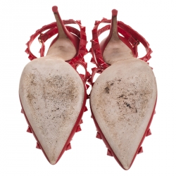 Pre Owned Valentino Red Leather Rockstud Ankle Strap Cage Sandals Size 37