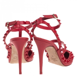 Pre Owned Valentino Red Leather Rockstud Ankle Strap Cage Sandals Size 37