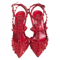 Pre Owned Valentino Red Leather Rockstud Ankle Strap Cage Sandals Size 37