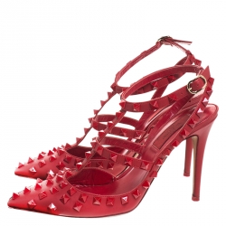 Pre Owned Valentino Red Leather Rockstud Ankle Strap Cage Sandals Size 37