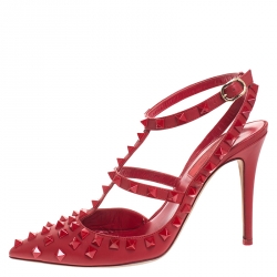 Pre Owned Valentino Red Leather Rockstud Ankle Strap Cage Sandals Size 37