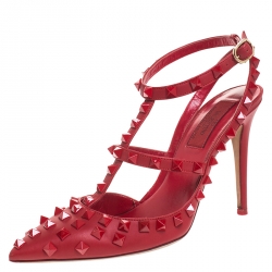 Pre Owned Valentino Red Leather Rockstud Ankle Strap Cage Sandals Size 37