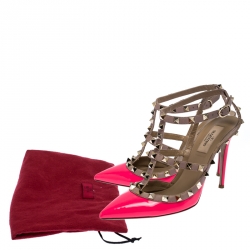 Pre Owned Valentino Hot Pink Patent Leather Rockstud Ankle Strap Pointed Toe Cage Sandals Size 38