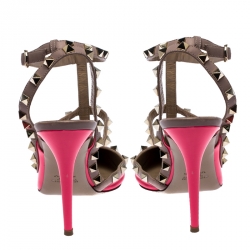 Pre Owned Valentino Hot Pink Patent Leather Rockstud Ankle Strap Pointed Toe Cage Sandals Size 38