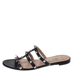 Pre Owned Valentino Black Leather Rockstud Caged Flat Slides Size 38.5