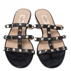 Pre Owned Valentino Black Leather Rockstud Caged Flat Slides Size 38.5