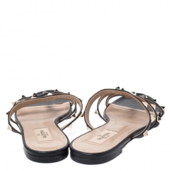 Pre Owned Valentino Black Leather Rockstud Caged Flat Slides Size 38.5