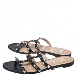 Pre Owned Valentino Black Leather Rockstud Caged Flat Slides Size 38.5