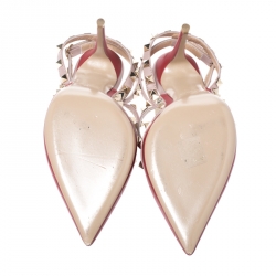 Pre Owned Valentino Red/Beige Leather Rockstud Ankle Strap Cage Sandals Size 37.5