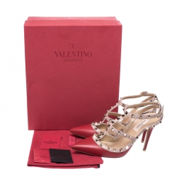 Pre Owned Valentino Red/Beige Leather Rockstud Ankle Strap Cage Sandals Size 37.5