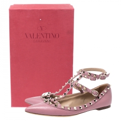 Pre Owned Valentino Pink Leather T Strap Rockstud Ballet Flats Size 39