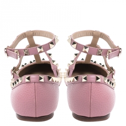 Pre Owned Valentino Pink Leather T Strap Rockstud Ballet Flats Size 39