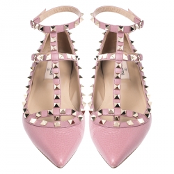 Pre Owned Valentino Pink Leather T Strap Rockstud Ballet Flats Size 39