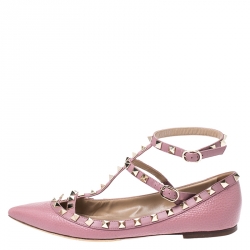 Pre Owned Valentino Pink Leather T Strap Rockstud Ballet Flats Size 39