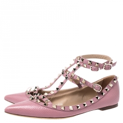Pre Owned Valentino Pink Leather T Strap Rockstud Ballet Flats Size 39