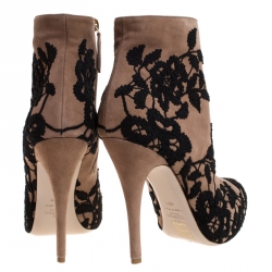 Pre Owned Valentino Beige/Black Embroidered Suede Zip Ankle Boots Size 40.5