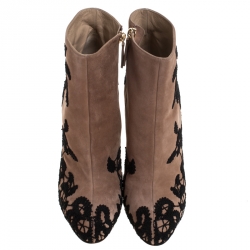 Pre Owned Valentino Beige/Black Embroidered Suede Zip Ankle Boots Size 40.5