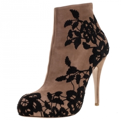 Pre Owned Valentino Beige/Black Embroidered Suede Zip Ankle Boots Size 40.5