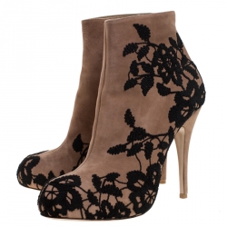 Pre Owned Valentino Beige/Black Embroidered Suede Zip Ankle Boots Size 40.5