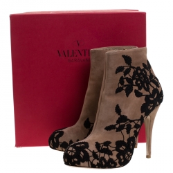 Pre Owned Valentino Beige/Black Embroidered Suede Zip Ankle Boots Size 40.5