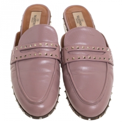 Pre Owned Valentino Pink Leather Penny Rockstud Flat Mules Size 40