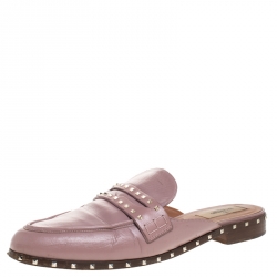 Pre Owned Valentino Pink Leather Penny Rockstud Flat Mules Size 40
