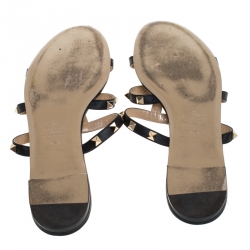 Pre Owned Valentino Black Leather Rockstud Strappy Flats Size 40.5