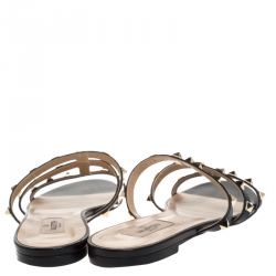 Pre Owned Valentino Black Leather Rockstud Strappy Flats Size 40.5