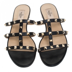 Pre Owned Valentino Black Leather Rockstud Strappy Flats Size 40.5