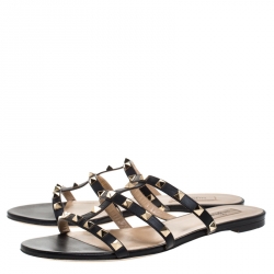 Pre Owned Valentino Black Leather Rockstud Strappy Flats Size 40.5