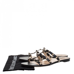 Pre Owned Valentino Black Leather Rockstud Strappy Flats Size 40.5