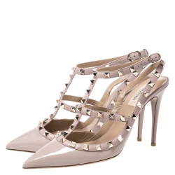 Pre Owned Valentino Beige Patent Leather And Leather Rockstud Ankle Strap Sandals Size 40