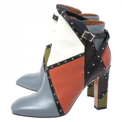 Pre Owned Valentino Multicolor Studded Paneled Leather Ankle Boots Size 40