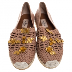 Pre Owned Valentino Beige Woven Leather Floral Embellished Espadrille Flats Size 37