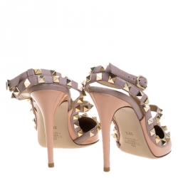 Pre Owned Valentino Pink Patent Leather And Leather Trim Caged Rockstud Sandals Size 36.5