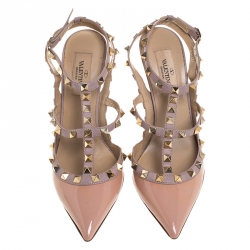 Pre Owned Valentino Pink Patent Leather And Leather Trim Caged Rockstud Sandals Size 36.5