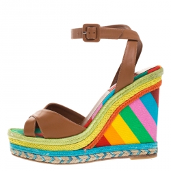 Pre Owned Valentino Brown Leather Multicolor Espadrille Wedge Ankle Strap Sandals Size 37.5