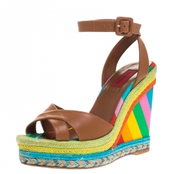 Pre Owned Valentino Brown Leather Multicolor Espadrille Wedge Ankle Strap Sandals Size 37.5