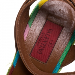 Pre Owned Valentino Brown Leather Multicolor Espadrille Wedge Ankle Strap Sandals Size 37.5