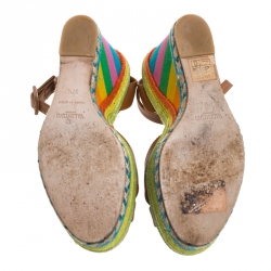 Pre Owned Valentino Brown Leather Multicolor Espadrille Wedge Ankle Strap Sandals Size 37.5