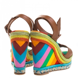 Pre Owned Valentino Brown Leather Multicolor Espadrille Wedge Ankle Strap Sandals Size 37.5