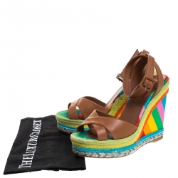 Pre Owned Valentino Brown Leather Multicolor Espadrille Wedge Ankle Strap Sandals Size 37.5