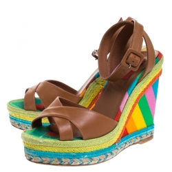 Pre Owned Valentino Brown Leather Multicolor Espadrille Wedge Ankle Strap Sandals Size 37.5