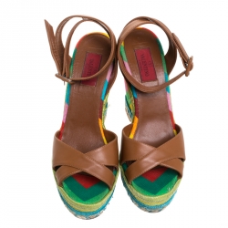 Pre Owned Valentino Brown Leather Multicolor Espadrille Wedge Ankle Strap Sandals Size 37.5