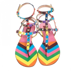 Pre Owned Valentino Multicolor Chevron Print Leather Rockstud Thong Flat Sandals Size 40