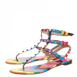 Pre Owned Valentino Multicolor Chevron Print Leather Rockstud Thong Flat Sandals Size 40