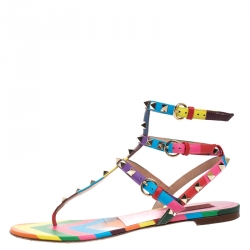 Pre Owned Valentino Multicolor Chevron Print Leather Rockstud Thong Flat Sandals Size 40