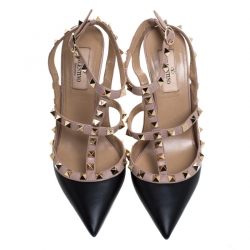 Pre Owned Valentino Black/Beige Leather Rockstud Ankle Strap Sandals Size 37